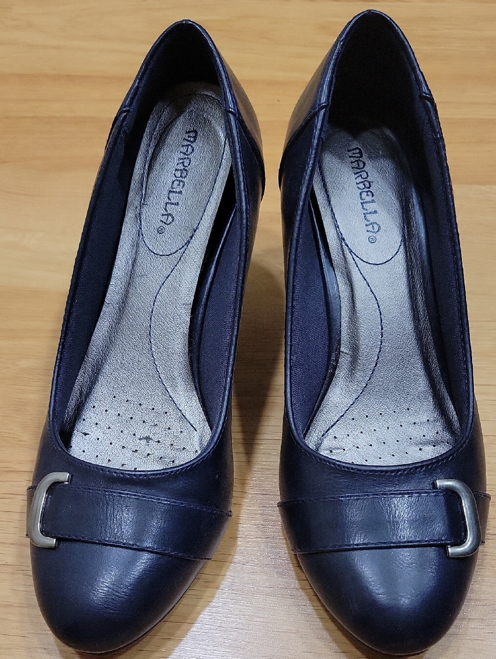 MARELLA Navy Leather Round-Toe Pumps with Buckle Accent